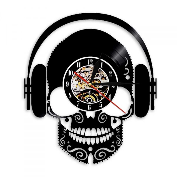 Musikskivväggklocka - Skalle med hörlurar Vinylväggklocka - Vinylklocka - Vardagsrumsväggdekor - Unika presenter till musikälskare