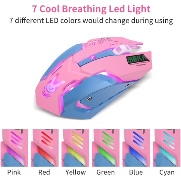 Gaming Mus, 7 Farver Baggrundsbelyst Optisk Spil Trådløs Mus Ergonomisk med 2400 DPI og 6 Knapper  Pink