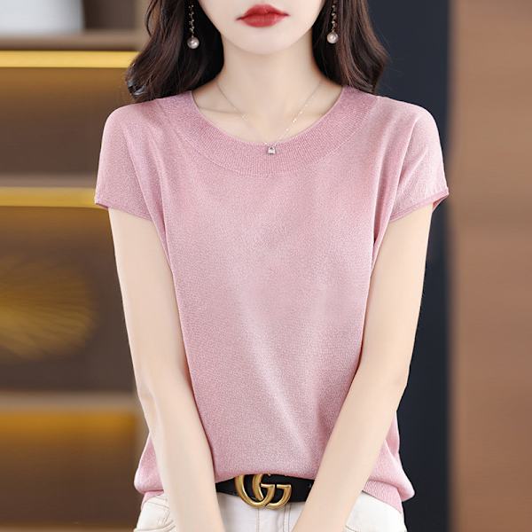Sommer Ny Casual Kortærmet Dame Rund Hals Strik Sweater Ærme T-shirt Løs Western-stil Lys Silke Elegant Top Pink L