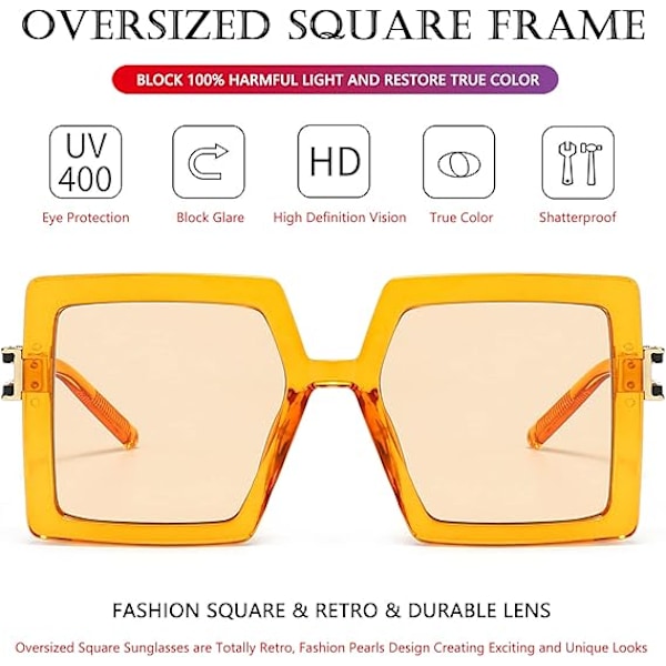 Oversized solbriller for kvinner, firkantet mote, store rammer, solbriller med UV400-beskyttelse Orange/Champagne