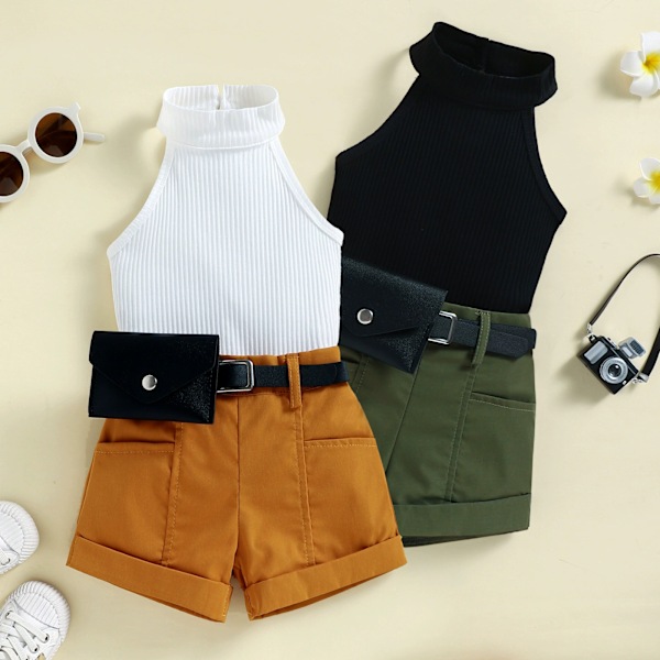 Moteriktig sommerantrekk for små jenter, ermeløs halterneck ribbestrikket tanktopp og shorts med belte, 2-delt klessett yellow 80cm