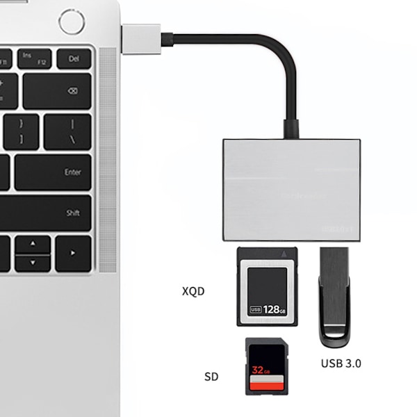 Multifunksjonell USB 3.0 hann- og hunnkortleser med for XQD / minnekortspor (sølv)