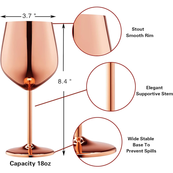 Vinglas sæt af 4, 18oz rustfrit stål vinglas, ubrydelige og bærbare vin glas med stilk til udendørs, rejser, camping og pool Rose Gold