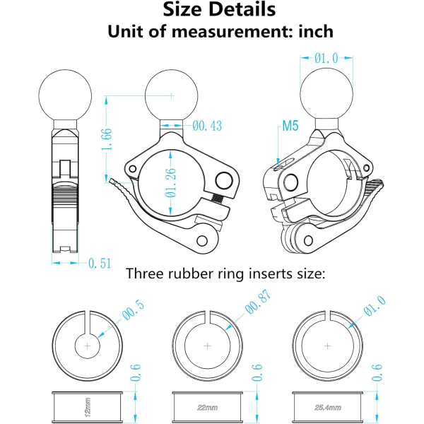 Aluminiumlegering 1'' kulefeste, passer til styrer med diameter 0,5'' til 1,26'', verktøyfri installasjon av styrekulefeste, kompatibel med RAM-fester 1 tomme