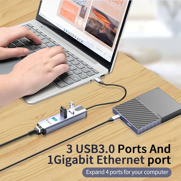USB C til Ethernet-adapter 4-i-1 aluminium USB C til Ethernet-adapter, med 3 USB 3.0-porter, til MacBook Pro 2019/2018/2017, Chromebook, Linux