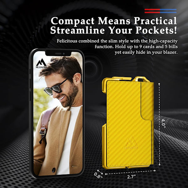 Taktisk minimalistisk plånbok för män, smal RFID-blockerande metallkortfodral, främre ficka Menu2019s läder Dapper Bifold-plånbok med pennsklämma Carbon Fiber Yellow