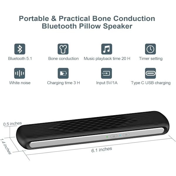 Putehøyttaler for søvn - Under putehøyttaler Bluetooth med beinledning Stereo - Bærbar putehøyttaler Hvit støy søvnstøttehøyttaler
