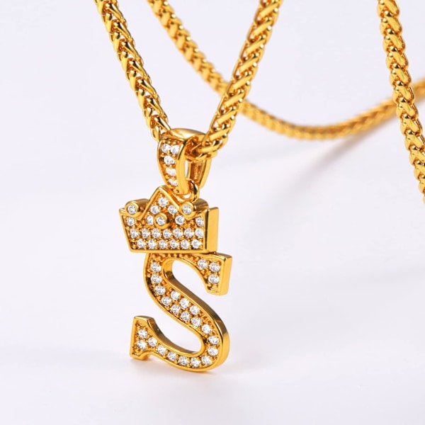 Krone Initial A-Z Halskæde, Iced Out Bogstav Vedhæng med 22-24 Tommer Kæde, Mænd Kvinder Bling Hip Hop Alfabet Navn Smykker Gave Store Initialer Halskæder S 18K Gold