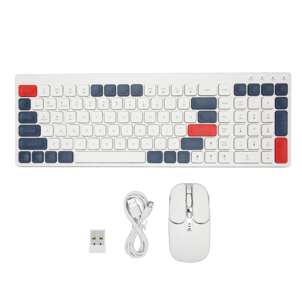 Tastatur og mus-kombinasjon 2.4G trådløs runde taster ergonomisk Type C-ladingstastatur og mus for telefon, nettbrett, kontor, hvit, blå