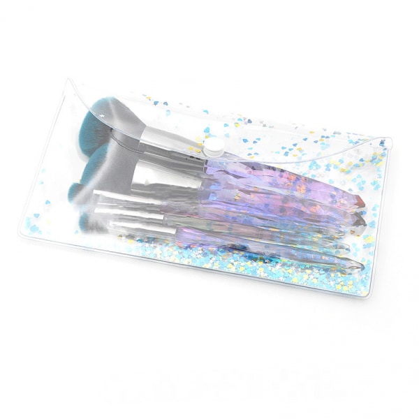 5 stk sminkebørstesett PVC-emballasje, klart diamantkrystallhåndtak Øyebørste Blush Brush Skjønnhetsverktøy（Fargerikt gradienthåndtak-grå munnrør）