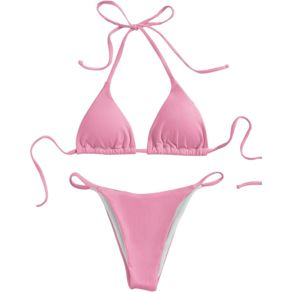 WJSM Dame Halterneck Binde Side Trekant Bikini Sæt Høj Skæring 2 Del Bikini Badetøj Pink Color M