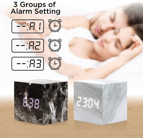 Marmor mönstrad väckarklocka, Fashion Multi-Function LED väckarklocka kub med USB-strömförsörjning, röststyrning, timer, termometer - Svart