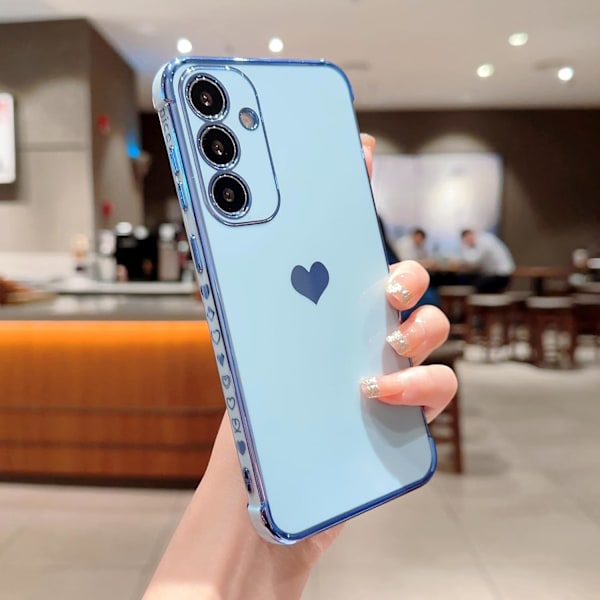 Samsung Galaxy S25 6.2\" Telefoncover, Luksuriøst Sødt Hjerte Side Lille Mønster Fuld Kamerabeskyttelse Blød Silikone Stødsikker Elektropletteret Blue