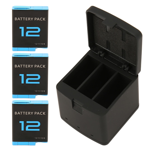 Actionkamera Batterilader 3 Kanals Oppbevaring Lading med 3stk 1800mAh Oppladbare Litium Ion Batteri