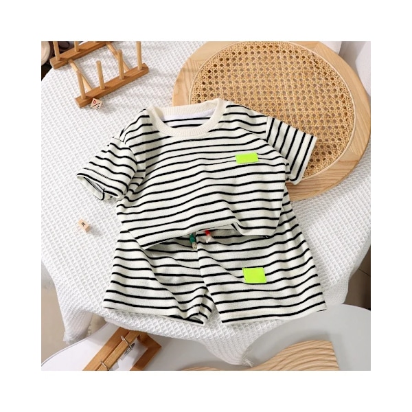 Mote Barn Kort Erme Shorts Sett Sommer Barneklær Gutter Baby Bomull T-skjorte Bukse Antrekk Svart og Hvit Stripe 90cm