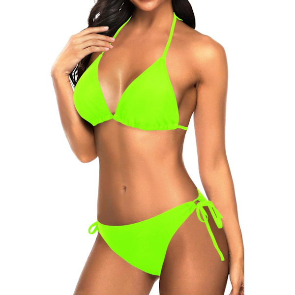 WJSM Kvinners Triangle Bikini Sett Halter Todelt Sexy Badedrakt String Tie Side Badetøy Neon Green L