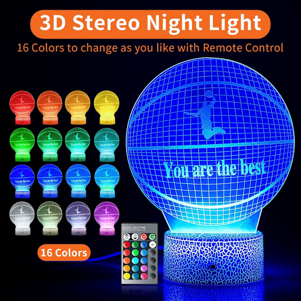 3D Basketboll Nattlampa, 3D LED Illusionslampa med Fjärrkontroll, 16 Färger Smart Touch USB Laddning Bordsskiva Optisk Belysning för Pojkar Flickor