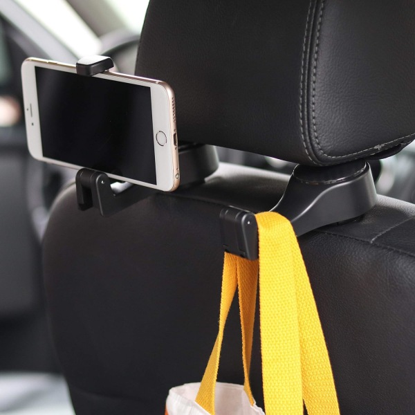 Universal Multifunktionel Bil Køretøj Bagsæde Nakkestøtte Mobiltelefon Holder Bøjle Holder Krog til taske Pung Klud Købmand (sort sæt med 2)