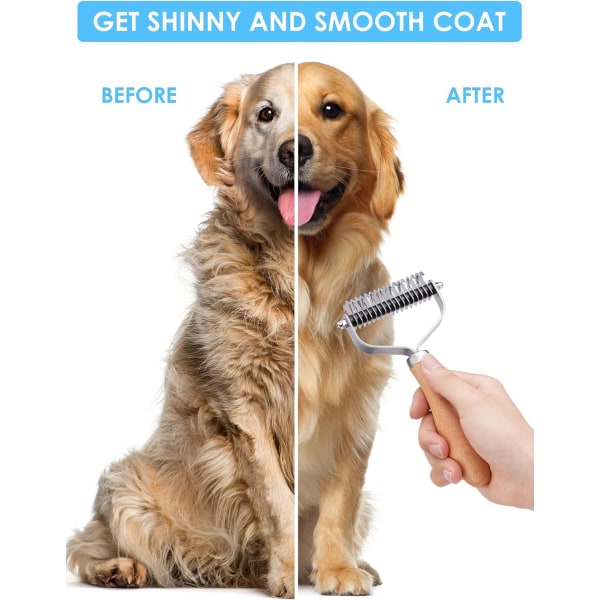 Kjæledyrpleiebørste, 2-sidig underullsrive for hunder og katter, sikker avmattende kam og rensingsverktøy for fjerning av mattet hår/floker, reduserer avfall