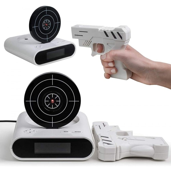 Target väckarklocka, kreativ pistolskjutande väckarklocka med personlig 12-timmars digital display, lämplig för sömnare, för pojkar och flickor (Vit)