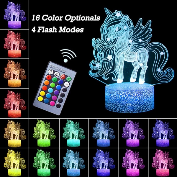 Qinwei Unicorn Night Light 3D illuusiolamppu Yksisarvinen valot lastenhuoneeseen 16 väriä vilkkuvat tilat kaukosäätimellä esikäsitelty himmennettävä --- yksisarvinen