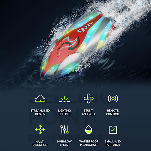 GoolRC Mini RC-båt med LED-lampor, fjärrstyrd båt för barn och vuxna, 2,4 GHz stunt RC-racerbåtar med 360° vändning för badkar, pooler och sjöar