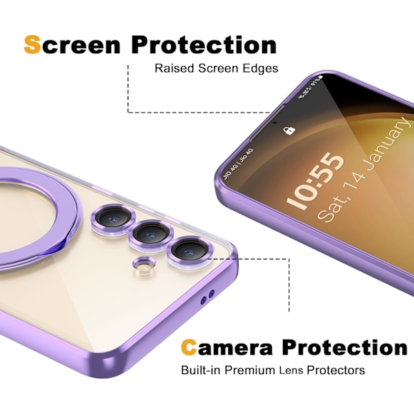 Samsung Galaxy S25 6.2 Kotelo magneettisella rengastelineellä [Yhteensopiva Mag-Safe kanssa] [Täysi kameran linssinsuoja] Pinnoitettu kirkas puhelinkotelo Light Purple