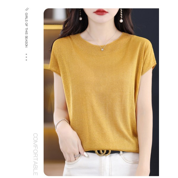 Sommer Ny Casual Kortærmet Dame Rund Hals Strik Sweater Ærme T-shirt Løs Western-stil Lys Silke Elegant Top Ginger M