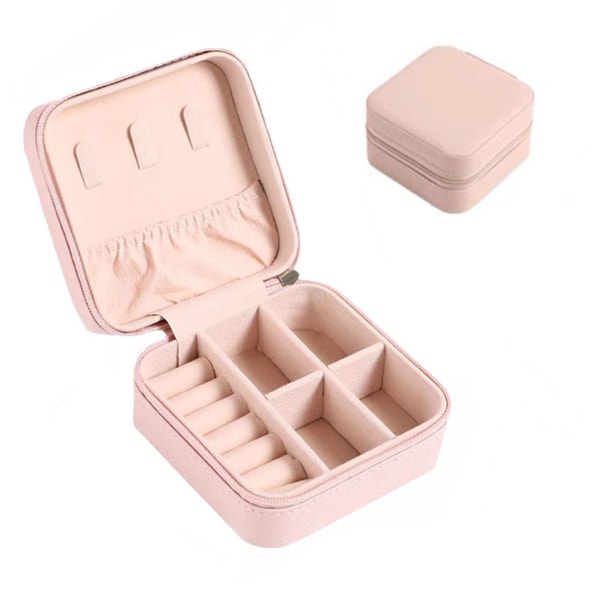 Små smycken förvaringsbox Minimalistisk PU-läder Bärbar Resesmycken Organizer Rosa