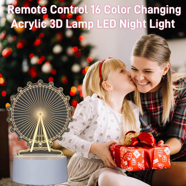 Ferris Wheel 3D Illusion Lampe, Akryl 3D Lampe LED Nattlys med Fjernkontroll 16 Fargeskiftende Skrivebordslampe, Barn Gamer Romdekor Plugg