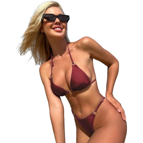 WJSMSexy Bikinier til kvinder 2-delt bikini Spaghetti strop badedragter Ensfarvet badetøj Triangle badedragt Wine Red S