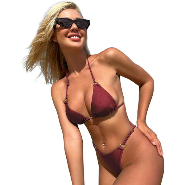 WJSMSexy Bikinit naisille 2-osainen bikinit Spagettihihnat Uimapuvut Yksivärinen Uimapuku Kolmio Uimapuku Wine Red M