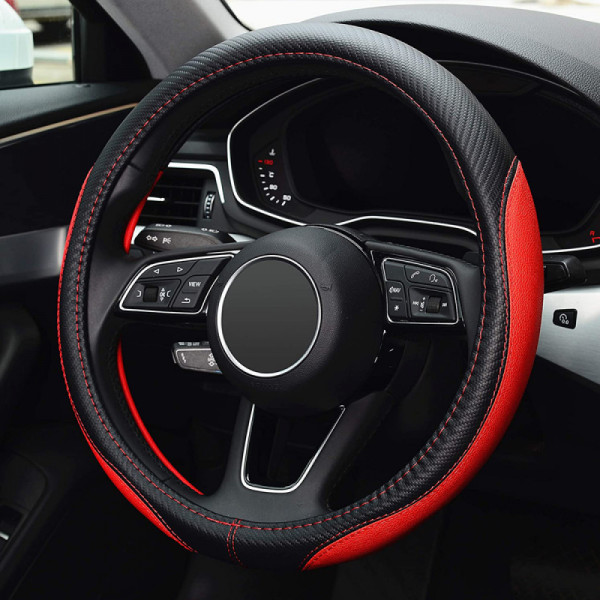 Automobile steering wheel cover, non slip, safe, soft, breathable, heavy, thick, full surround, sports style（red）