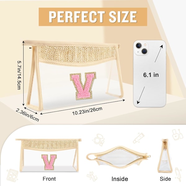 Genomskinlig Sminkväska med Initial, Liten Söt Kosmetisk Dragkedjeväska Beige Chenille Varsity Bokstav Toalettväska, Monogrammerad Resetoalettväska M