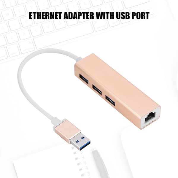 3 porter USB 3.0 HUB USB til RJ45 Ethernet Lan-adapter for PC Laptop Gull