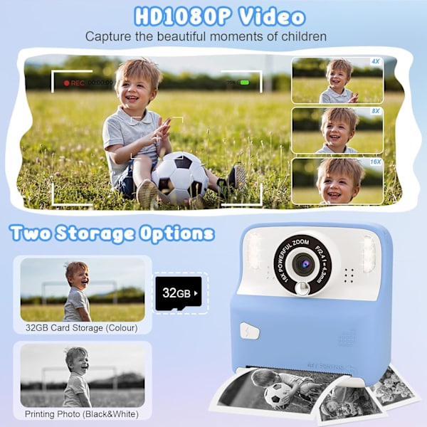 Amzelas Barnkamera Instant Print Foton Jul Födelsedagspresenter HD Digital Videokameror för Småbarn Bärbar med 32 GB-kort Blue