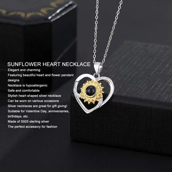 S925 Silver Solros Hjärta Halsband för Flickor Kvinnor Elegant Glänsande Rhinestone Hjärta Form Blomma Hänge Smycken
