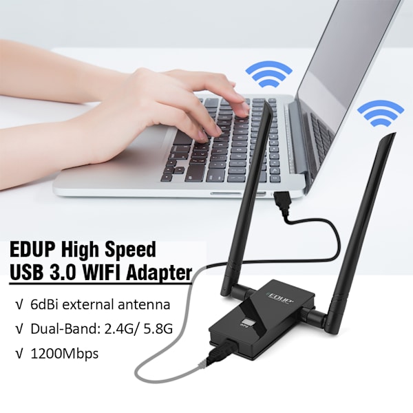 EDUP 1200Mbps 2.4G+5.8G kaksoiskaistainen nopea USB3.0 WIFI-sovitin kaksoisantennilla