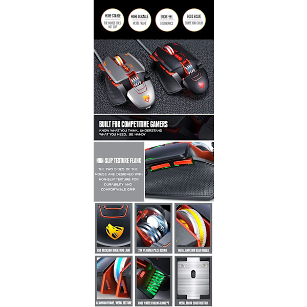 Spelmus Trådbunden [3200 DPI] [Programmerbar] [Andningsljus] Ergonomisk Spel USB Datormöss RGB Gamer Desktop Laptop PC Spelmus, 8 Knappar