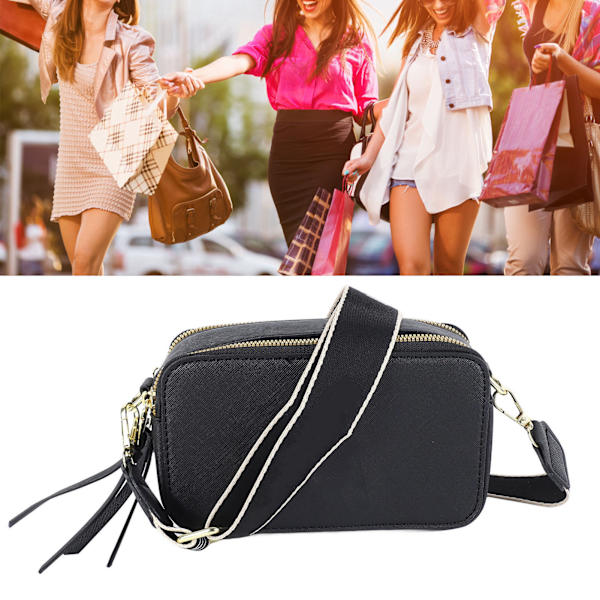Retro Fashionable Kameraväska Kvinnor Elegant Bokstavstryck Rem PU Läder Messenger Bag Handväska för Resor Svart Fri Storlek