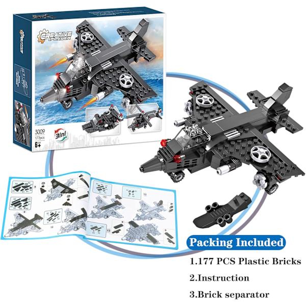 Militärstridsflygplan Byggset 3i1 Creator Helikopter Byggsats Stadsplan Armékrigsskepp Krigsflygplan Byggleksaker 177 PCS Konstruktion
