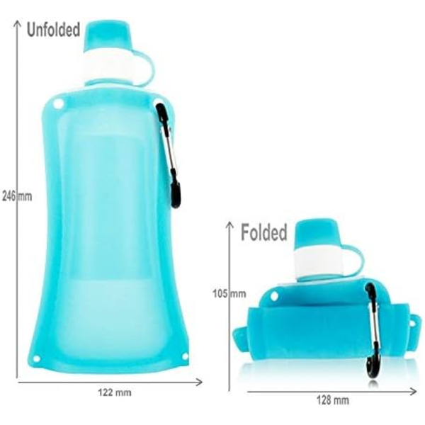 Hopfällbar silikonvattenflaska för utomhusbruk, 500 ml, hopfällbar liten vattenflaska, bärbar vattenflaska för cykling och bergsklättring, (kristallblå)