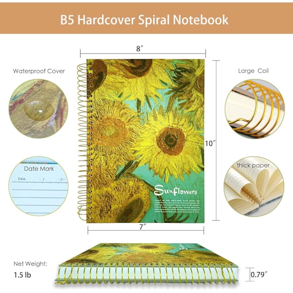 Stor Spiralnotatbok, B5, 300 Sider, 8x10 Stor Notatbok, Hardback Stor Journal, Tykt Papir Linjert Notatbok, Vincent Van Gogh Solsikkegaver