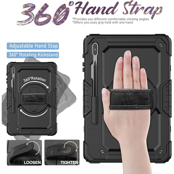 Tab S7 Plus S7+ 12,4\" 2020 (SM-T970/T975/T976) Deksel, 360 Graders Roterende Stativ/Håndstropp, [Skjermbeskytter] Galaxy Tab S7+ Svart Håndstropp