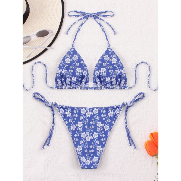 Bikinis Badkläder Set för Kvinnor Baddräkt Triangel Badkläder Tie String Trosa Blue Floral M
