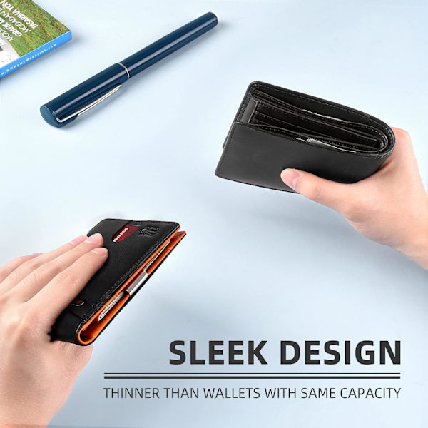 Slank tegnebog til mænd Gaver 12 kortpladser ID-vindue med pengeseddelklemme Minimalistisk RFID Frontlomme Bifold Læder Lille tynd gaveæske Far fødselsdag Chris Classic Black and Orange
