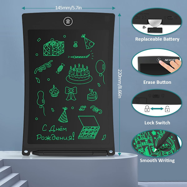8,5 tommer LCD skrivetablet kontor whiteboard opslagstavle køkken memo opslagstavle køleskabstavle magnetisk daglig planlægger gaver til børn (sort)