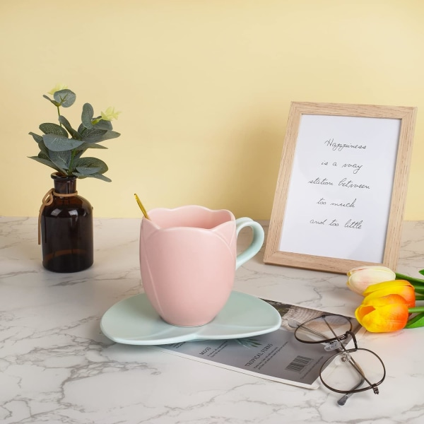 Keramisk kaffemugg med fatset, kreativ tulpanmugg unik oregelbunden design för kontor och hem, diskmaskin och mikrovågsugn säker, söt kopp för Latt
