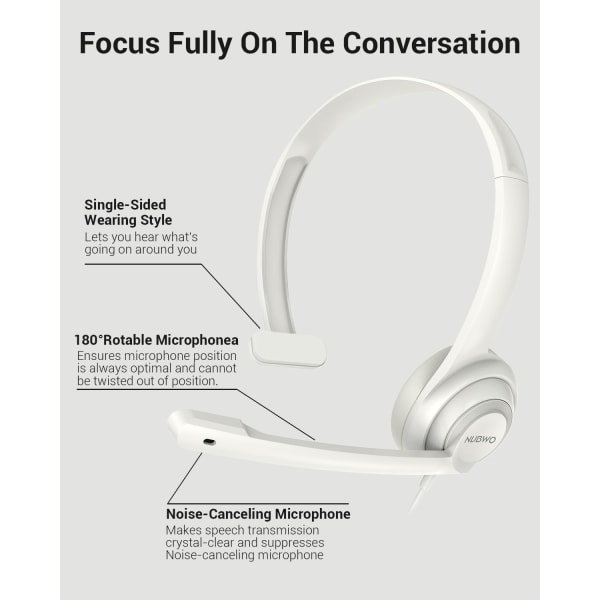 HW02 USB-headset med mikrofon, støjreduktion og indbygget kontrol, superlet, ultrakomfortabelt computerheadset til bærbar pc, on-ear kablet kontor-C White