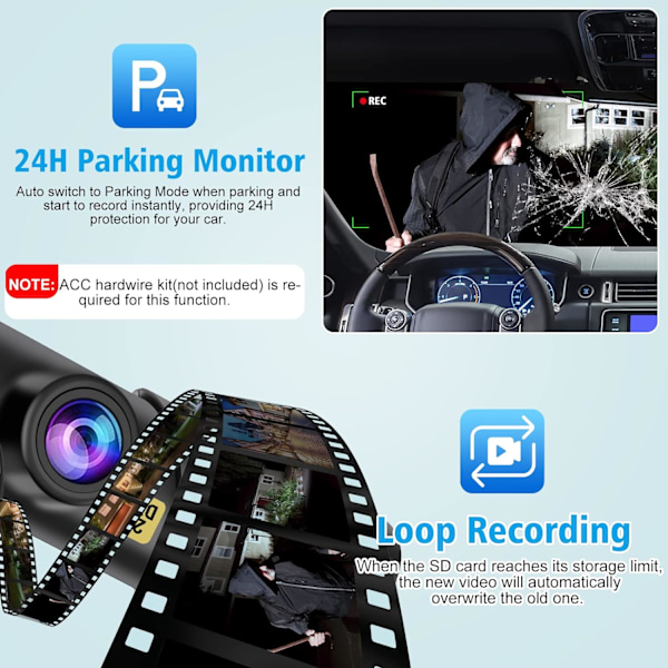 Kojelautakamera, WiFi FHD 1080P Kojelautakamera autoille, Mini-autokamera, Etukamera 64 Gt:n ilmaisella SD-kortilla, 160° laajakulma, Yökuvaus, Silmukkatallennus black
